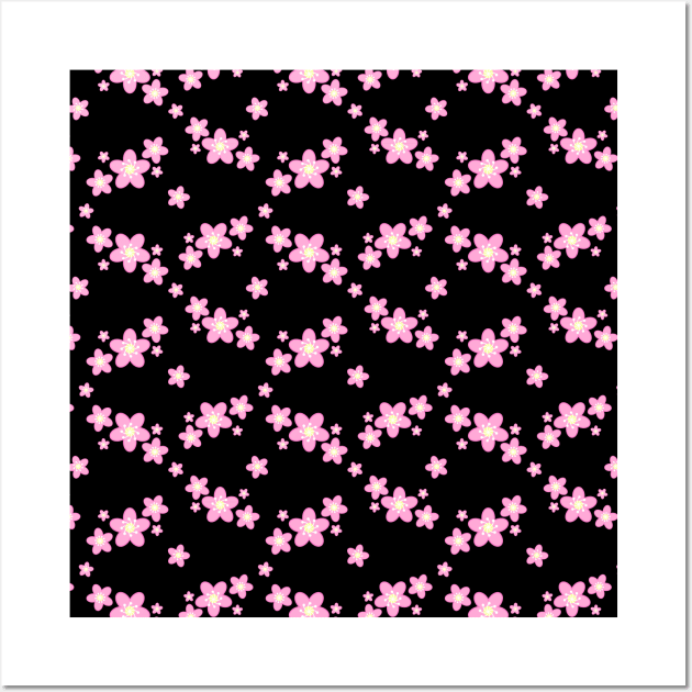 Cherry Blossom Sakura Flower Clusters Pattern in Black Background Wall Art by Kelly Gigi